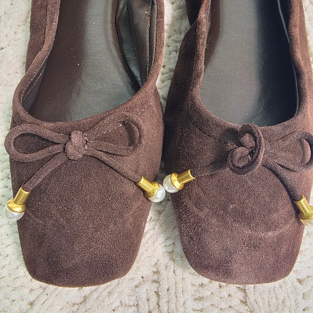 Vince Camuto Ballet Flats Brown‎ Suede Pearl Bow Square Toe Womens 6.5 Excellent